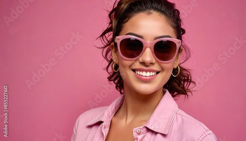 Wallpaper Mural A woman with dark, wavy hair smiles brightly at the camera while wearing pink sunglasses and a pink shirt. The background is a solid pink color.  Torontodigital.ca