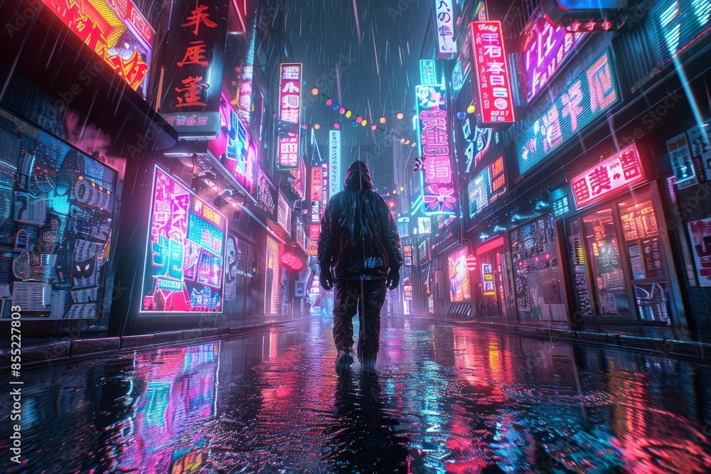 Person Walking on Rainy Neon-Lit Street in Futuristic Asian City at Night with Colorful Reflections on Wet PavementCyberpunk