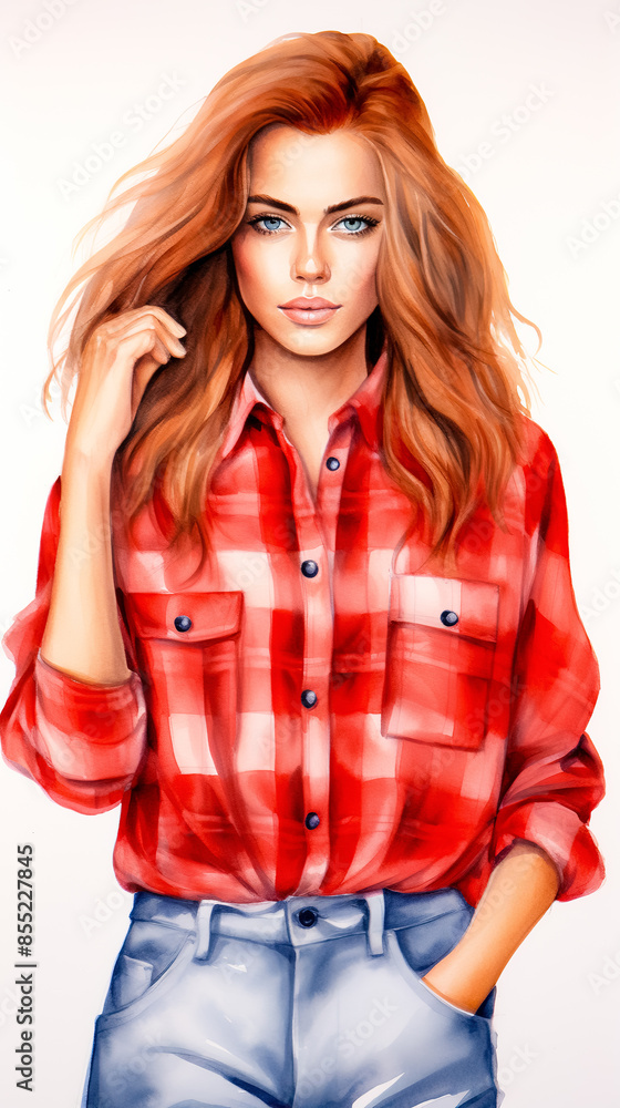 Watercolor illustration of a fashionable red-haired woman wearing a red plaid shirt and jeans. Isolated on white background Watercolor illustration of a fashionable red-haired woman wearing a red plaid shirt and jeans. Isolated on white background