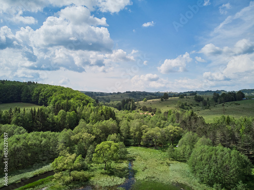 Lake Trei Ape Three Waters photographed from a drone flight. The blue sky with clouds and green forests. photo