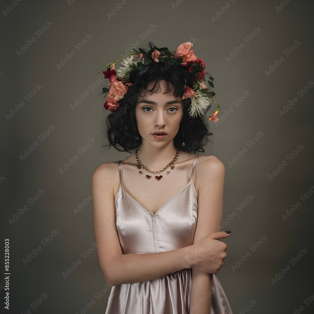 Gloomy and dreamy portrait of a woman wearing summer dress, silk, flowers, fire. Gloomy and dreamy portrait of a woman wearing summer dress, silk, flowers, fire.