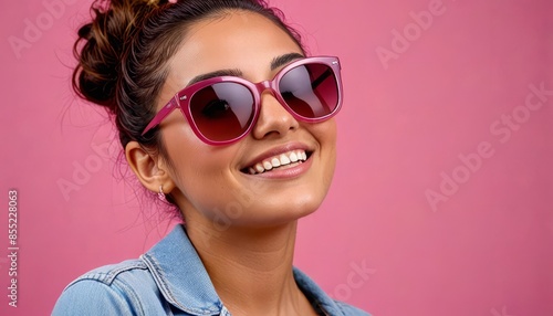 Wallpaper Mural A close-up portrait of a woman with brown hair pulled back in a bun, wearing pink sunglasses and a denim jacket, smiling brightly against a pink background Torontodigital.ca