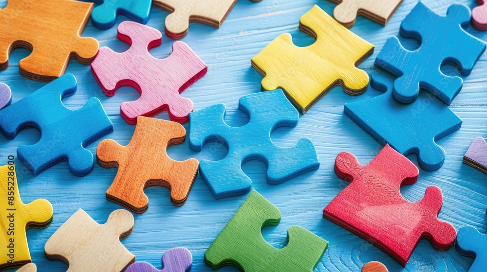 Obraz premium Colorful wooden puzzles on light blue surface with copy space Suitable for educational and office tasks Depicts problem solving or solution concept