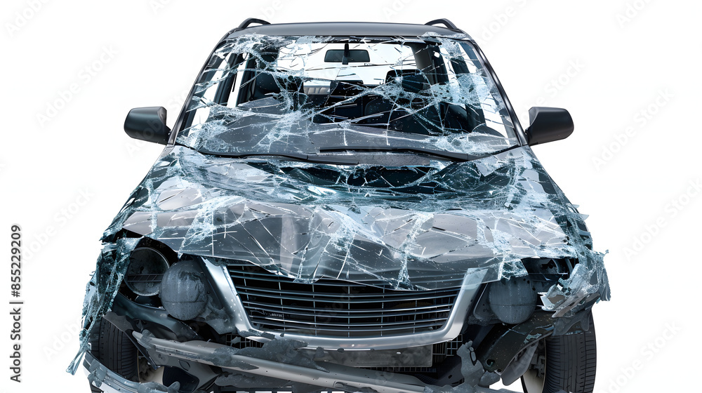 windshield and body of a car severely damaged by hailstorm. front view ...