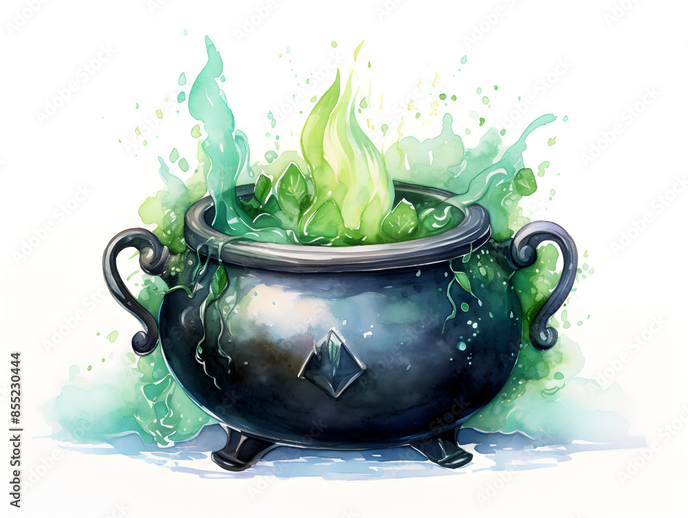 Watercolor illustration of a bubbling cauldron with green potion, on white background Watercolor illustration of a bubbling cauldron with green potion, on white background