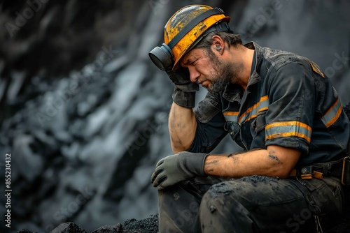 A fatigued miner sitting on rocks, with head in protective glove, conveys stress or despair from labor