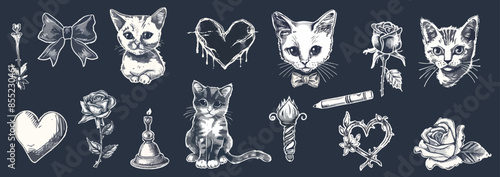 Grunge cat icon set, vector hand drawn sketch kitten, gothic heart, rock punk scribble symbol. Y2k emo romantic tattoo, cat, rose. Vector illustration with vintage grunge element. 