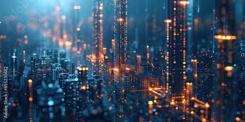 Wallpaper Mural Futuristic city, skyscraper, with wavelengths, abstract color lines, night scene, bright ambience, intricate lights, smart city concept. Digital illustration, mixed media. AI generated illustration Torontodigital.ca