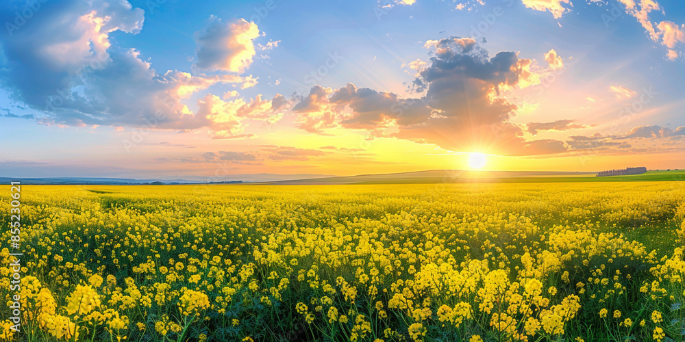 Fototapeta premium A beautiful field of canola flowers, with the sun setting in the background