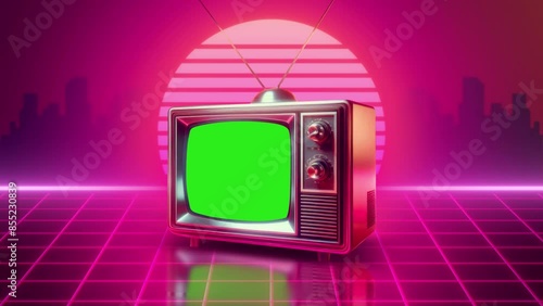 TV, vinyl, audio cassette, mp3 player, boombox stand on the pink 80s retro futuristic pink neon cyberpunk background with music equlizer and visualizer