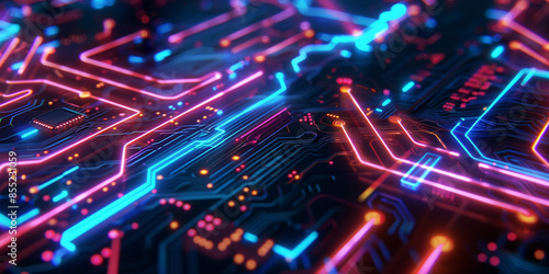 A futuristic circuit board with glowing neon wires