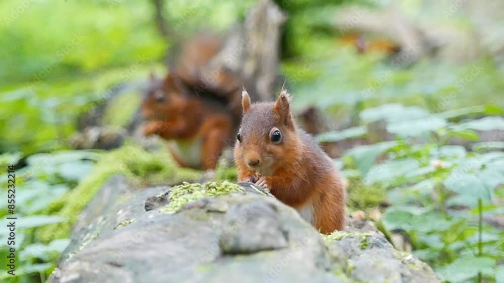 Slow-motion shot captures red squirrels eating nuts on a log, amidst beautiful vegetation. Slow-motion shot captures red squirrels eating nuts on a log, amidst beautiful vegetation.