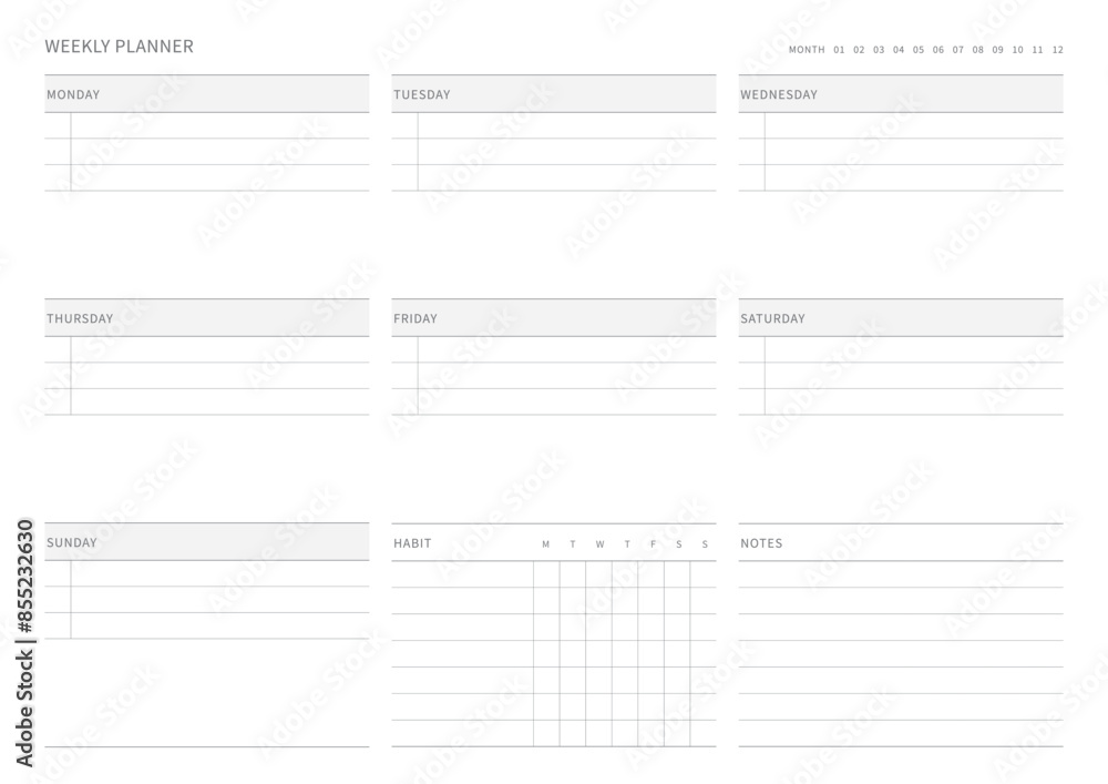 A weekly plan design template in a modern, simple, and minimalist style. Note, scheduler, diary, calendar, planner document template illustration. A weekly plan design template in a modern, simple, and minimalist style. Note, scheduler, diary, calendar, planner document template illustration.