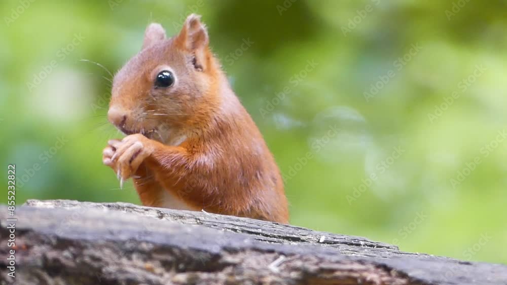Close-up image features a red squirrel perched on a tree branch, gripping a nut in its paws.