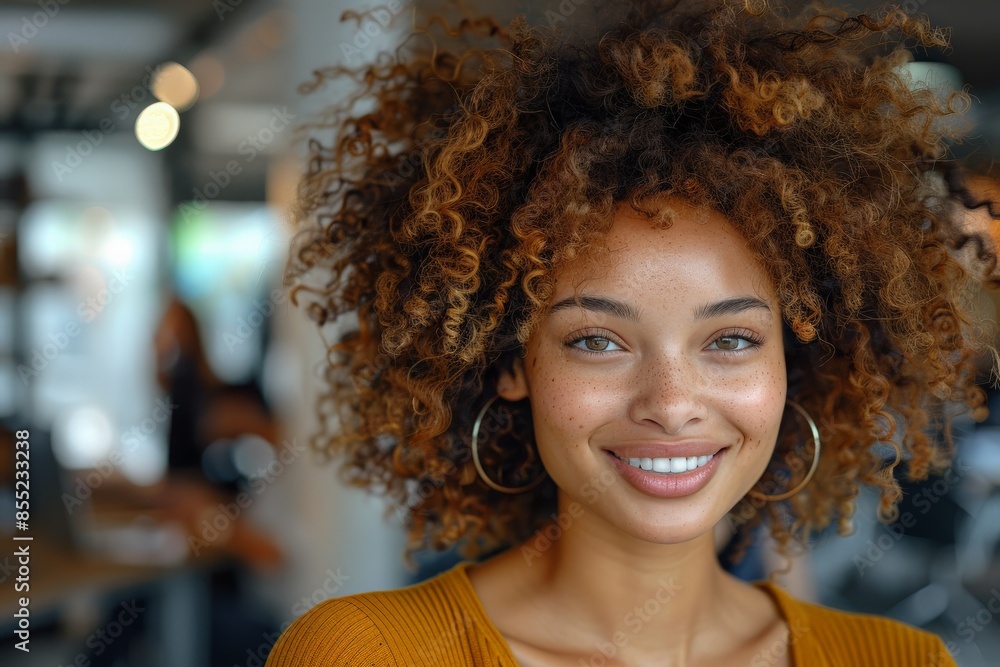 Portrait of a Smiling Young Woman with Curly Hair in a Casual Indoor Setting Featuring Natural Lighting and a Warm, Friendly AmbianceSmiling Portrait of a Smiling Young Woman with Curly Hair in a Casual Indoor Setting Featuring Natural Lighting and a Warm, Friendly AmbianceSmiling