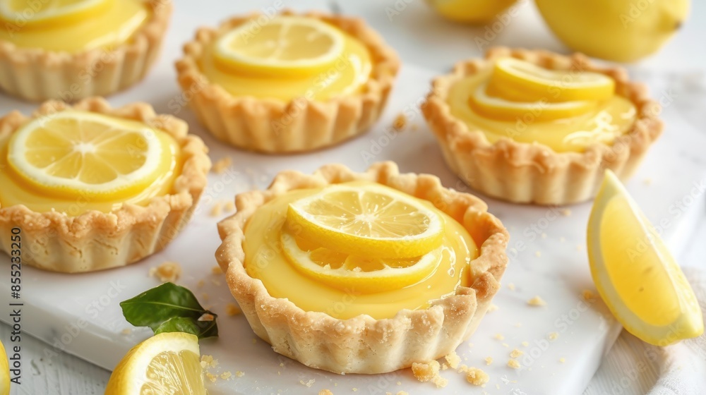 Lemon curd tarts displayed on a white tabletop Lemon curd tarts displayed on a white tabletop