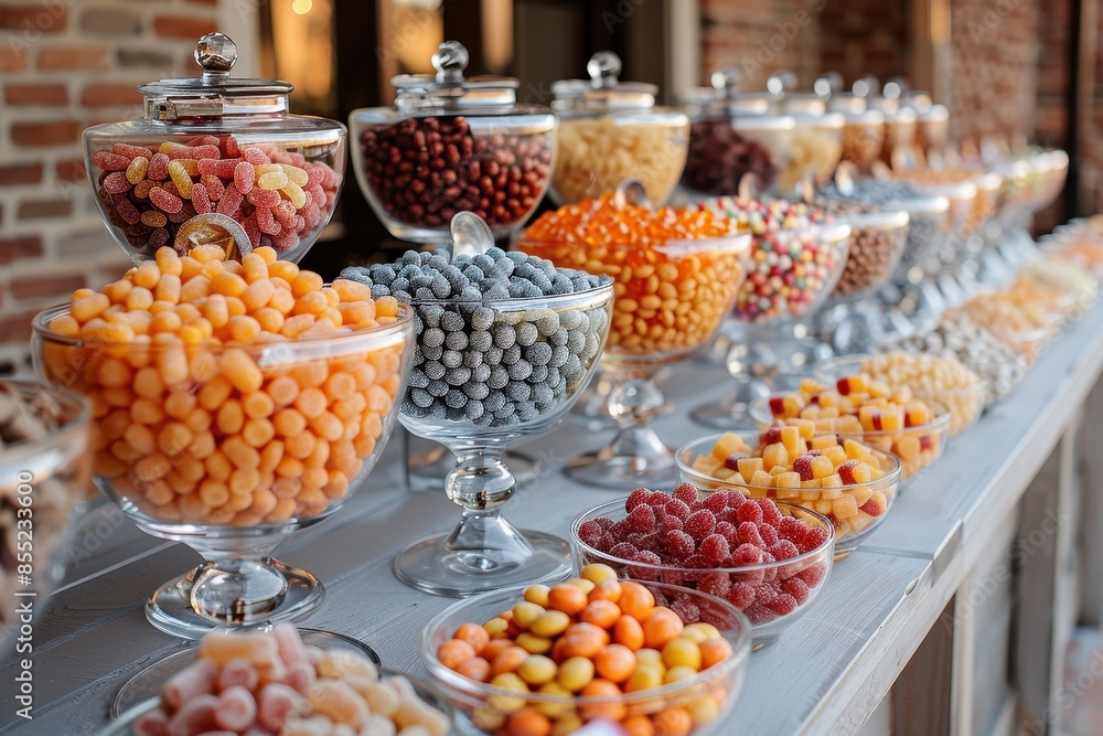 A candy buffet at a party, with different types of candies arranged in glass jars and bowls. A candy buffet at a party, with different types of candies arranged in glass jars and bowls.