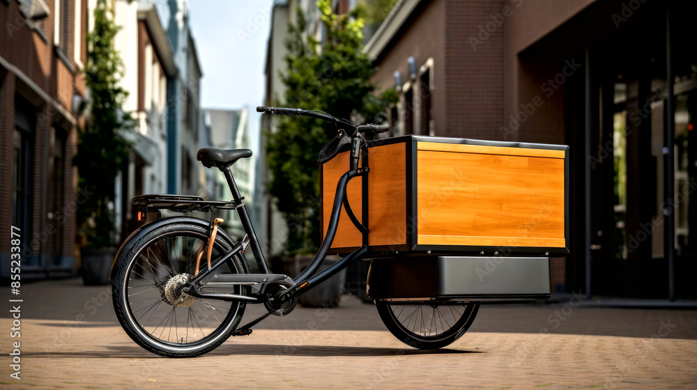 Fototapeta premium Cargo bike in sunny European city street for delivery and carry a package, groceries. Modern, sleek black cargobike with a large box. Special delivery carrier bicycle for cargo transportation