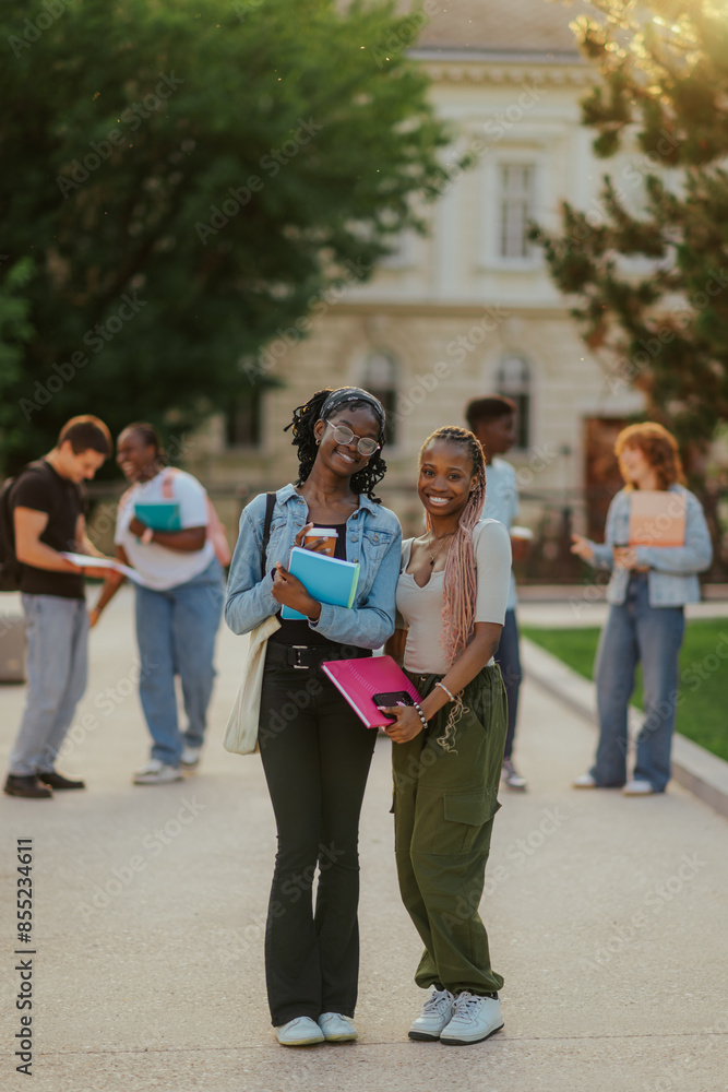 Obraz premium Full length of happy diverse college girls with books posing at campus