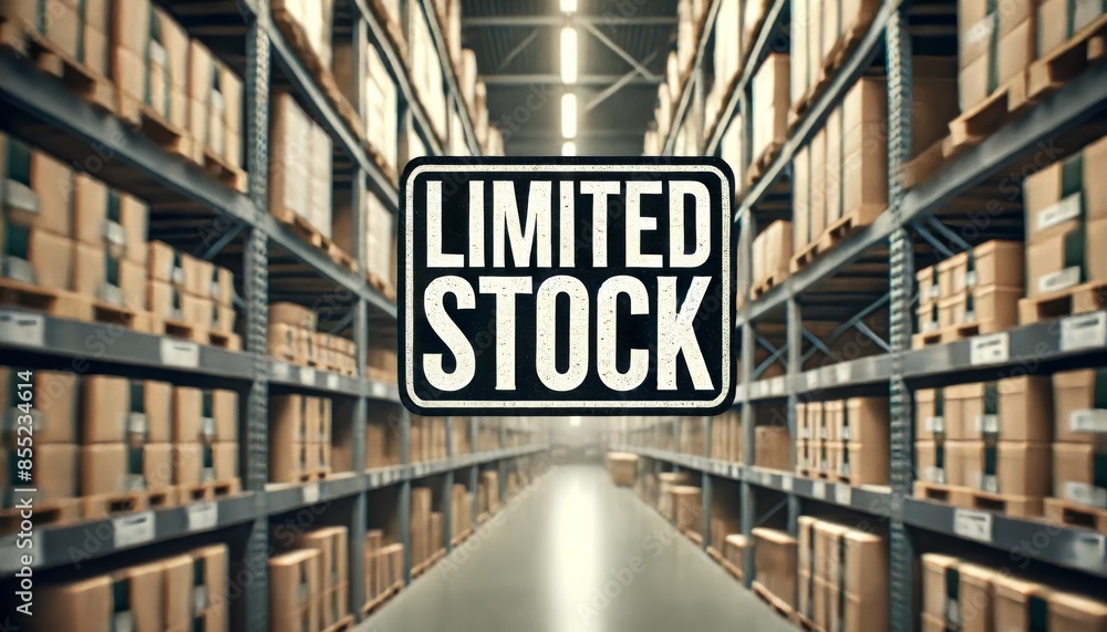 Fototapeta premium LIMITED STOCK in bold letters, with a blurred stock shelves background, conveying a sense of urgency and limited availability