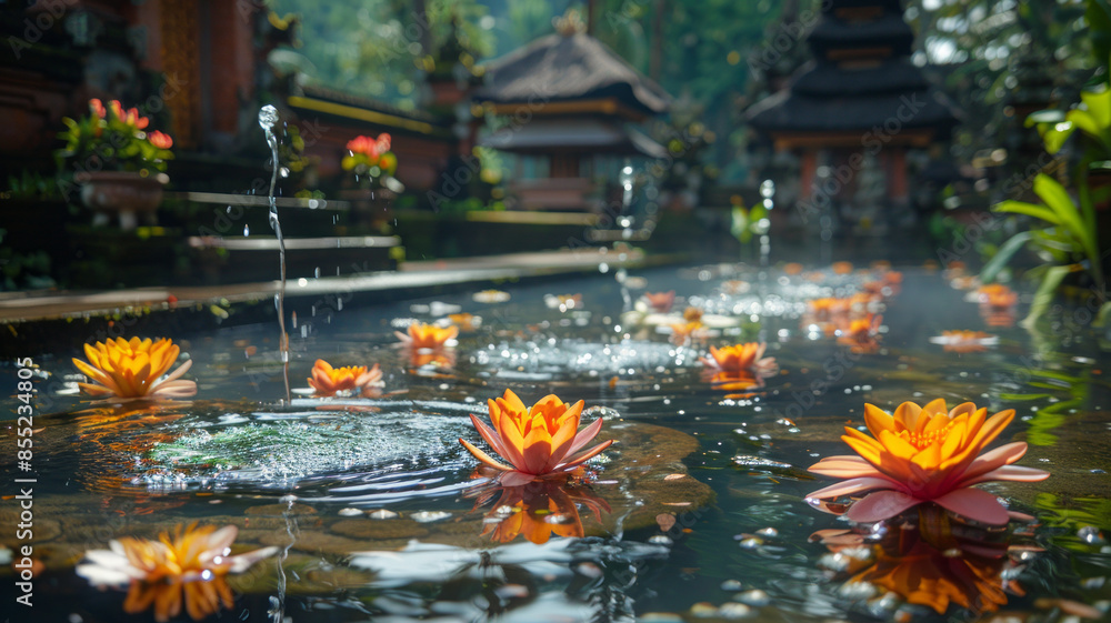 An ancient cleansing ritual at the sacred Tirta Empul spring in Ubud, Bali, Indonesia.generative ai An ancient cleansing ritual at the sacred Tirta Empul spring in Ubud, Bali, Indonesia.generative ai