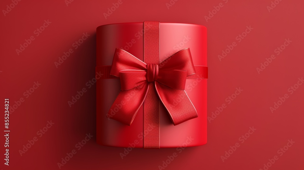 Festive red round gift box with a shimmering bow and silky ribbon, perfectly placed on a vibrant red backdrop, exuding holiday cheer and elegance
