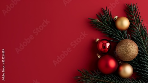 Wallpaper Mural Flat lay of pine tree branches with red and golden Christmas balls isolated on a vibrant red background, creating a festive and elegant holiday arrangement Torontodigital.ca