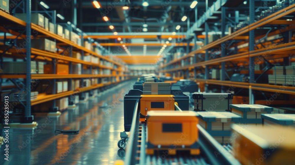 A close-up view of an automated conveyor system in a warehouse with multiple boxes moving along a track. A close-up view of an automated conveyor system in a warehouse with multiple boxes moving along a track.