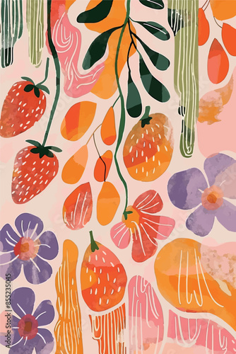 Vibrant abstract illustrations featuring bold, colorful botanical elements and strawberries. Perfect for modern designs, backgrounds, and decor. These playful, organic shapes bring a touch of nature t