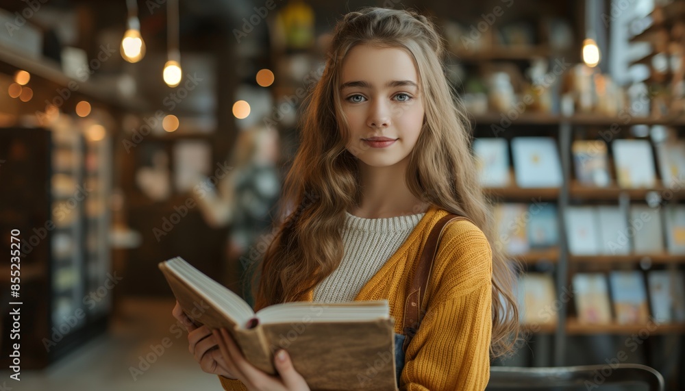 A beautiful young girl holding an open book in a bookstore, looking thoughtful and studious A beautiful young girl holding an open book in a bookstore, looking thoughtful and studious