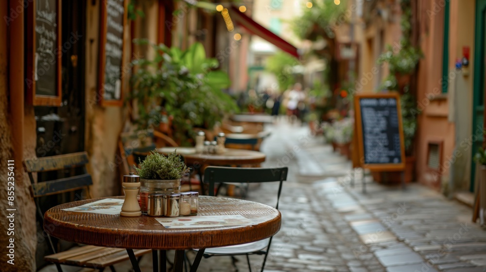 Obraz premium Quaint outdoor cafe with round tables and plants in a cozy cobblestone alleyway during daytime.