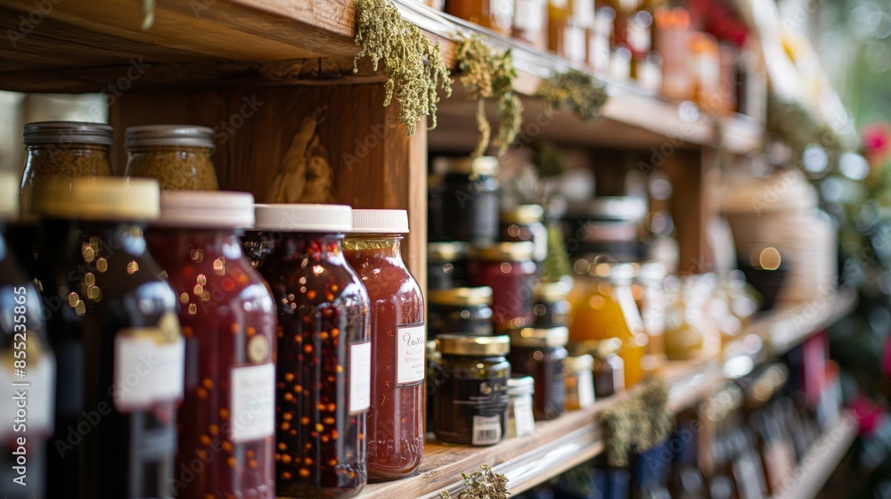 A wooden shelf filled with various jars of preserves, jams, and honey, decorated with herbs. A wooden shelf filled with various jars of preserves, jams, and honey, decorated with herbs.