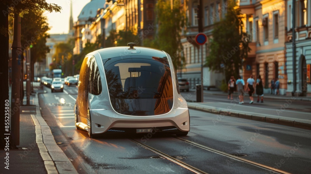 Fototapeta premium A futuristic white self-driving vehicle navigates a city street, with a background of buildings and blurred pedestrians.