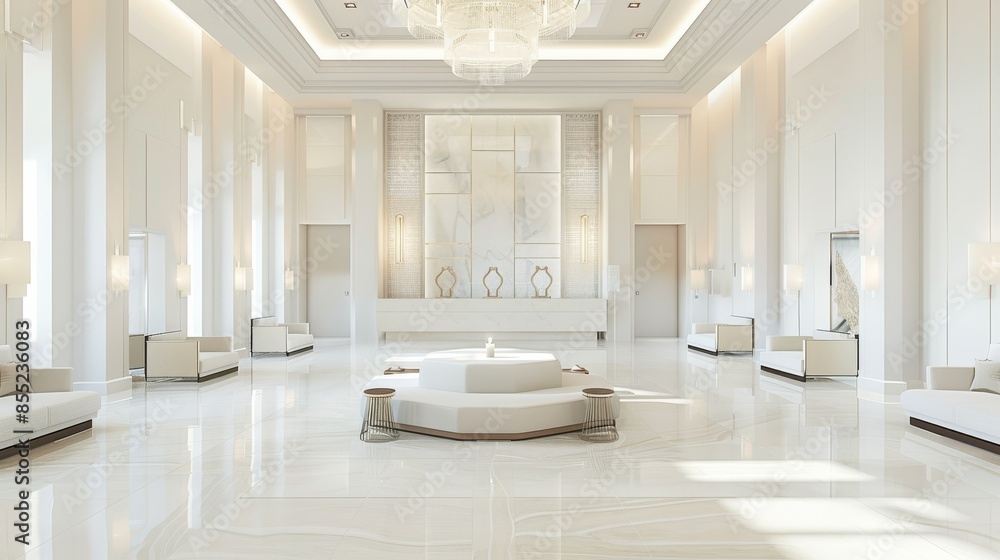 An elegant and refined hotel lobby design boasting a pure white canvas ...
