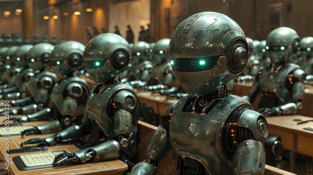 Fototapeta premium A futuristic classroom: robotic students, one puzzled human.generative ai