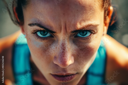 Close-up of a person with blue eyes and freckles showing intense focus and determination. photo