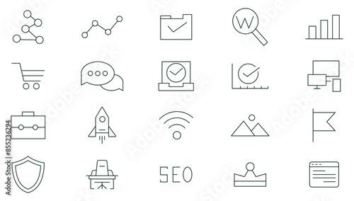 Seo line icon set. Search Engine Optimization. Business and marketing, traffic, ranking, optimization, link and keyword icon pack. Marketing & Search Engine Optimization outline icons collection