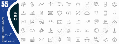 Seo line icon set. Search Engine Optimization. Business and marketing, traffic, ranking, optimization, link and keyword icon pack. Marketing & Search Engine Optimization outline icons collection