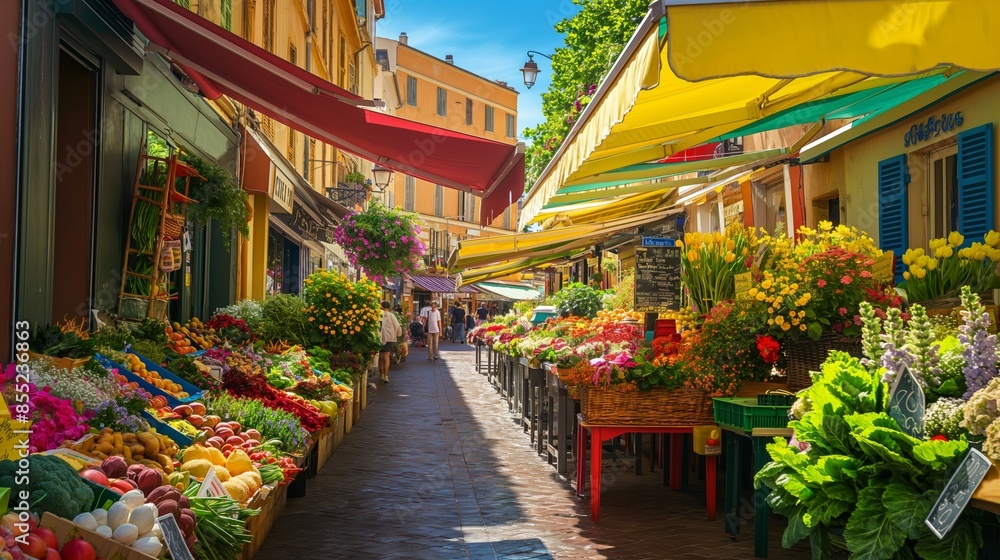 Naklejka premium Bustling outdoor market in a colorful street with flower and produce stalls under bright canopies.