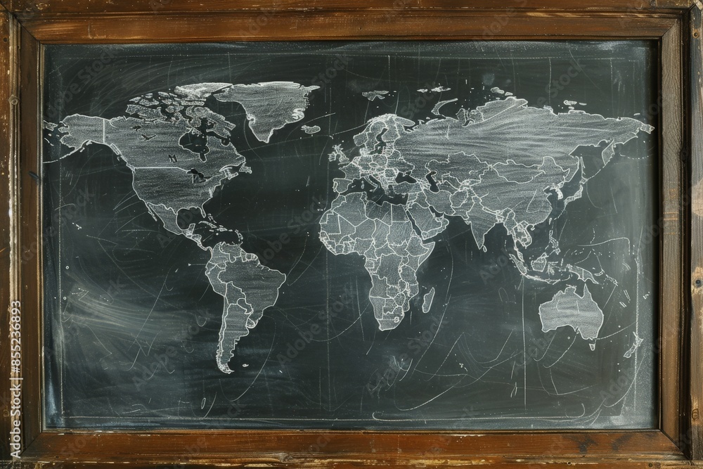 Blackboard with a detailed map of the world in chalk, each continent ...