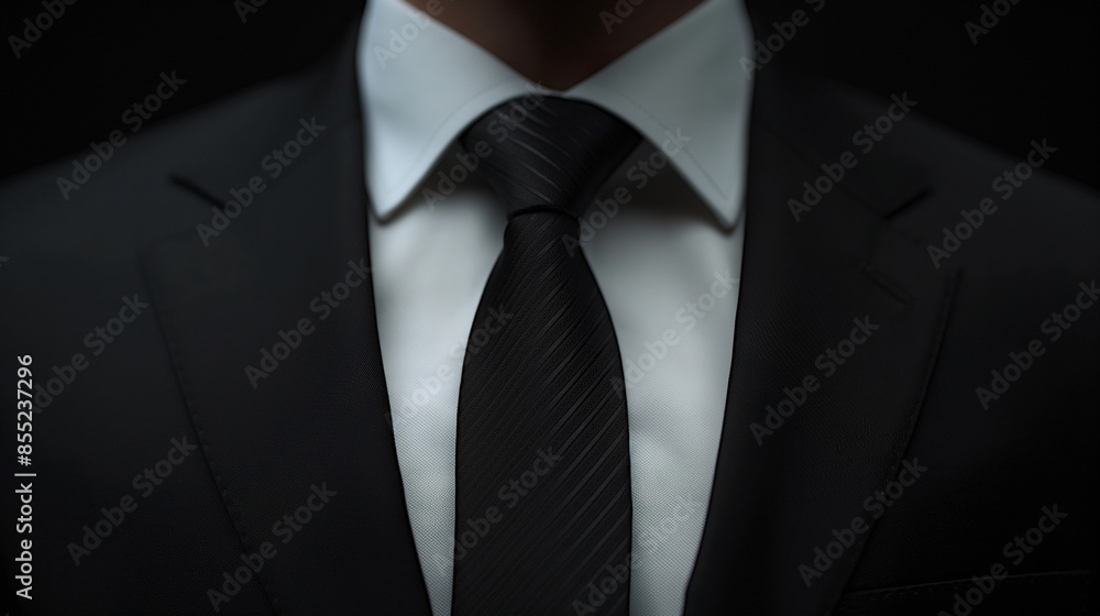 A man dressed in a formal black suit, white shirt, and a black tie. The suit jacket is buttoned up, and the tie is neatly knotted. A man dressed in a formal black suit, white shirt, and a black tie. The suit jacket is buttoned up, and the tie is neatly knotted.