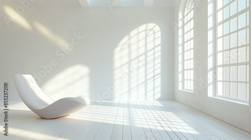 
A minimalist, brightly lit room with large windows on the right side. Sunlight streams in through the windows, casting shadows on the white wooden floor.