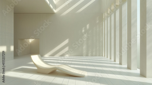 
A minimalist, brightly lit room with large windows on the right side. Sunlight streams in through the windows, casting shadows on the white wooden floor.