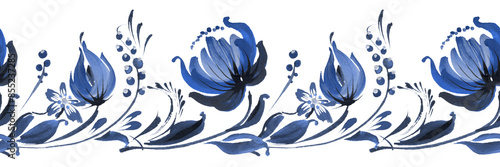 Floral seamless border pattern from blue colored tulip and peony flowers, periwinkle, blueberry and leaves on a white background photo