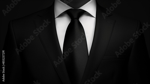 A man dressed in a formal black suit, white shirt, and a black tie. The suit jacket is buttoned up, and the tie is neatly knotted.