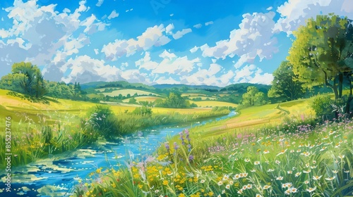 Detailed gouache artwork of a serene countryside scene, with lush green fields, colorful wildflowers, and a calm river flowing under a bright blue sky, exuding tranquility and natural beauty 