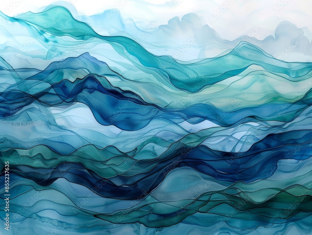 Obraz premium Fluid alcohol ink painting with a calming palette of blues and greens, evoking a serene, oceanic feel with gentle, wave-like patterns and smooth color transitions 