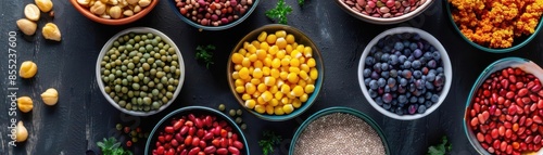 Assortment of colorful beans and legumes in bowls, top view.
