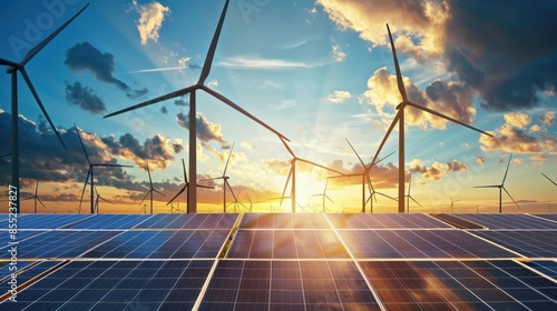 A field of solar panels and wind turbines bathed in the warm glow of the setting sun, signifying clean energy production.