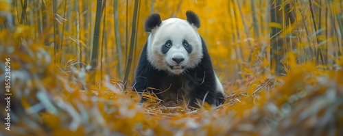 A giant panda sits amidst a contrastingly colorful autumnal environment photo